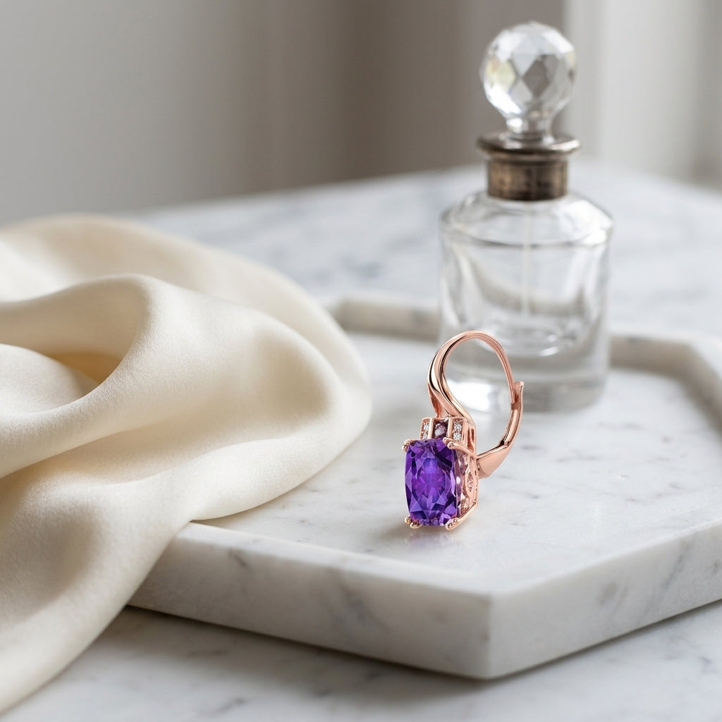 Cushion Amethyst And Pave Diamond Earrings In 14k Rose Gold (8x6mm) — atelier still life