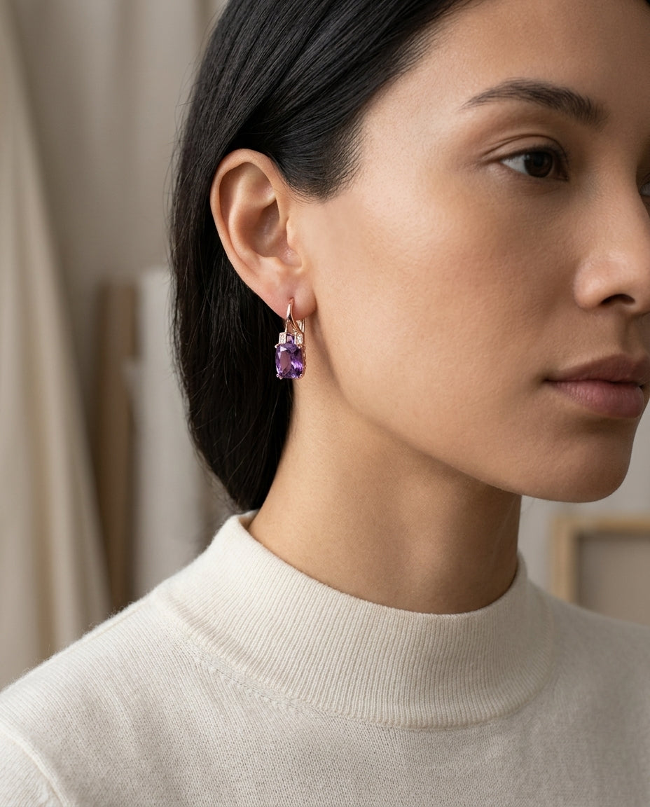 Cushion Amethyst And Pave Diamond Earrings In 14k Rose Gold (8x6mm) — editorial close-up