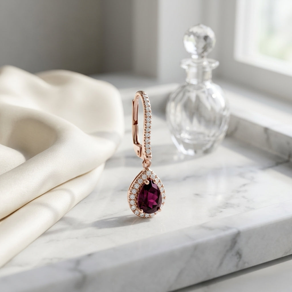 Rhodolite Garnet And Diamond Teardrop Halo Dangling Earrings In 14k Rose Gold — atelier still life