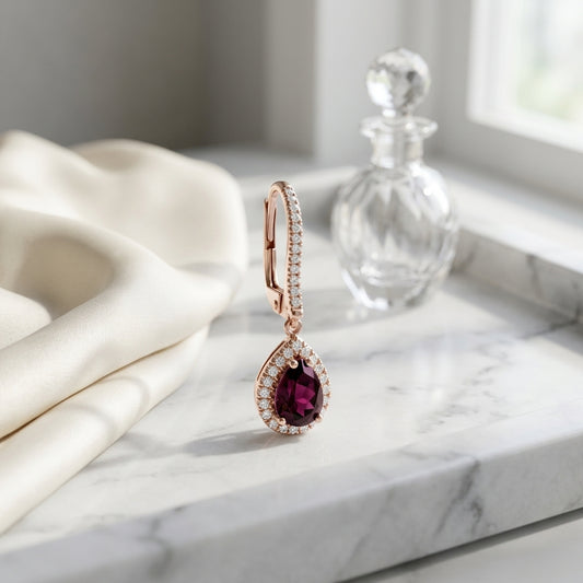 Rhodolite Garnet And Diamond Teardrop Halo Dangling Earrings In 14k Rose Gold — atelier still life