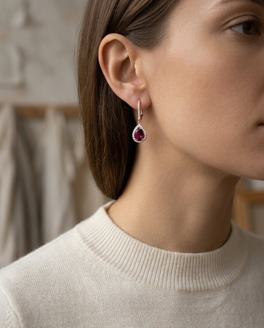 Rhodolite Garnet And Diamond Teardrop Halo Dangling Earrings In 14k Rose Gold — editorial close-up