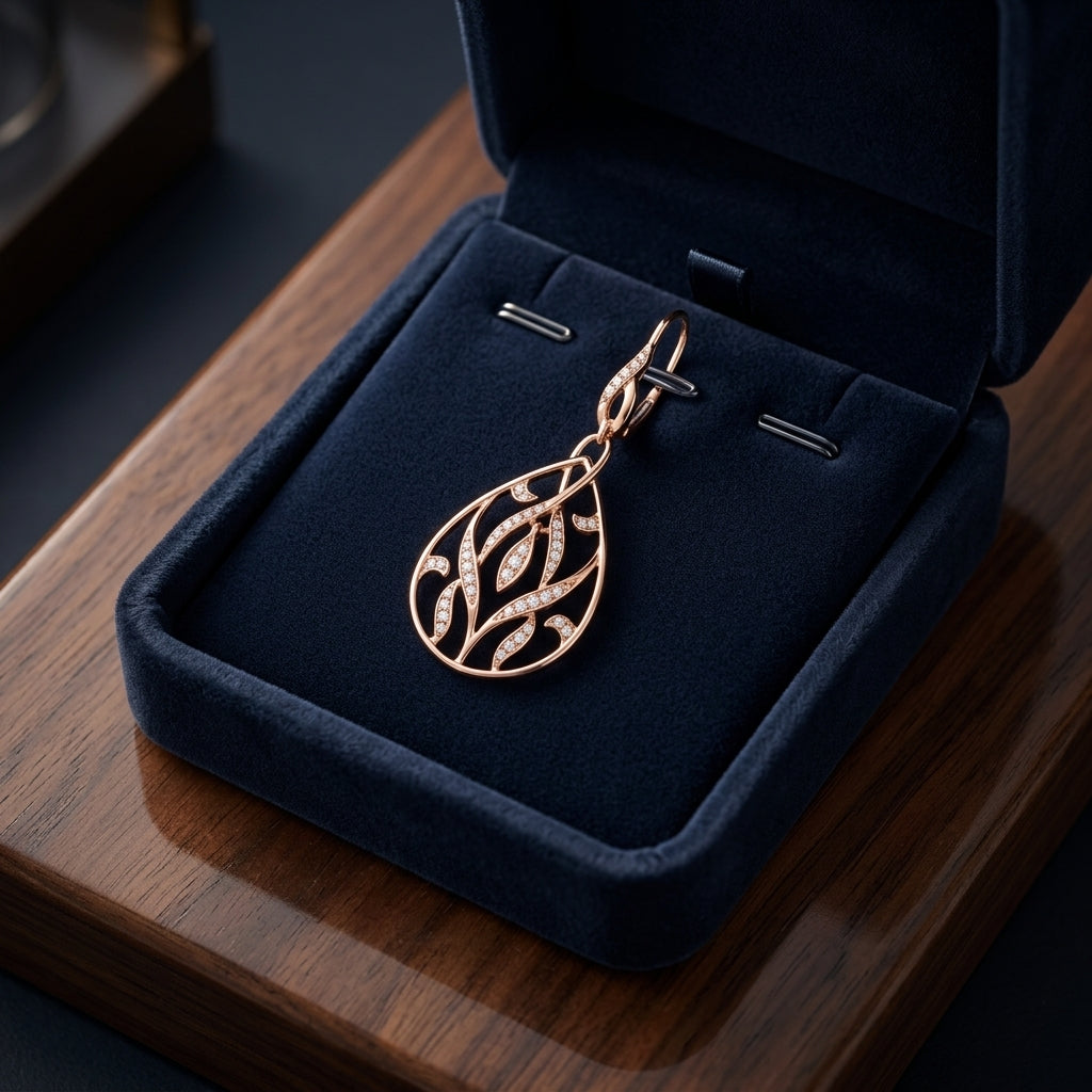 Diamond Teardrop Leaf Dangling Earrings In 14k Rose Gold — gift presentation