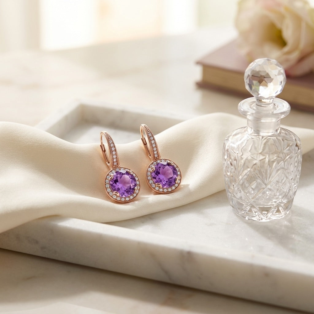 Amethyst And Diamond Round Halo Antique Finish Dangle Earrings In 14k Rose Gold ( Hi / Si ) — marble silk