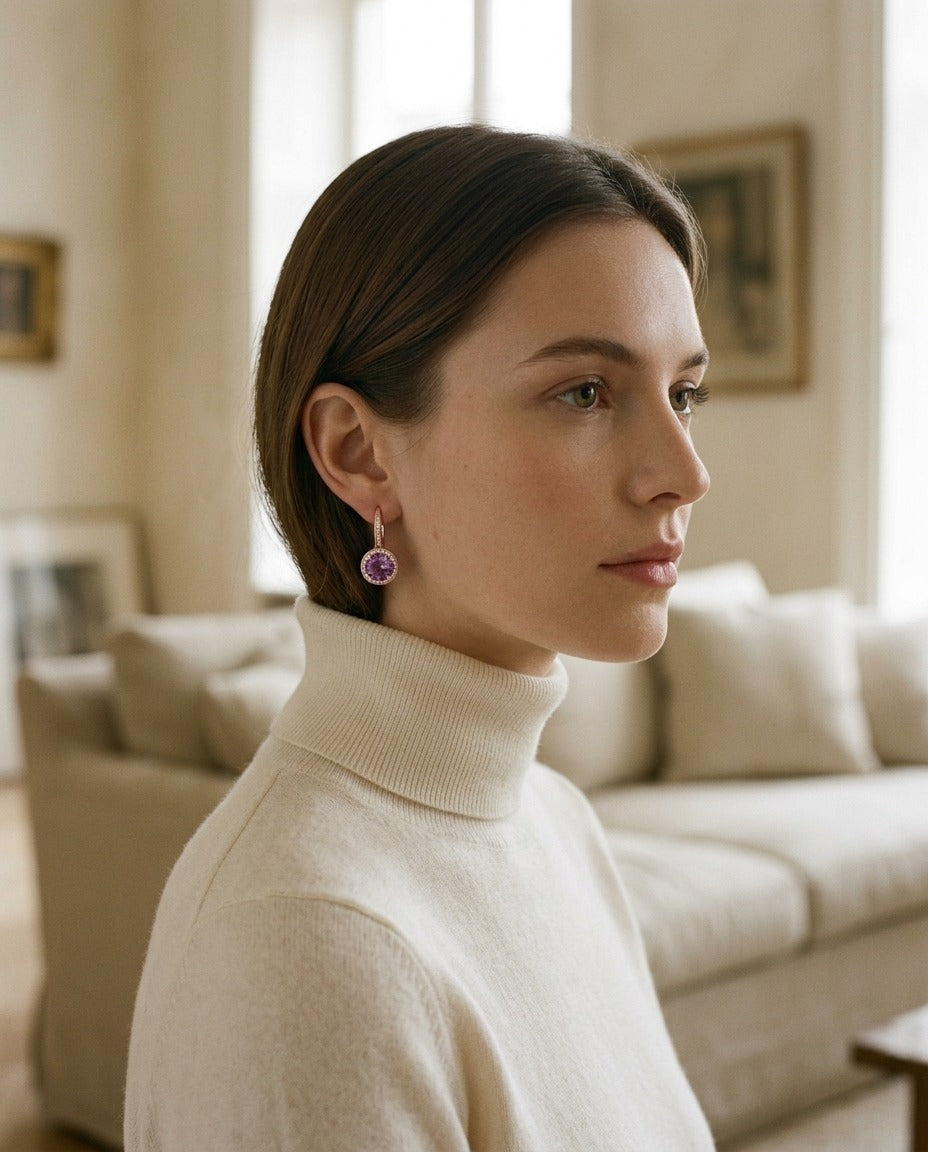 Amethyst And Diamond Round Halo Antique Finish Dangle Earrings In 14k Rose Gold ( Hi / Si ) — portrait close