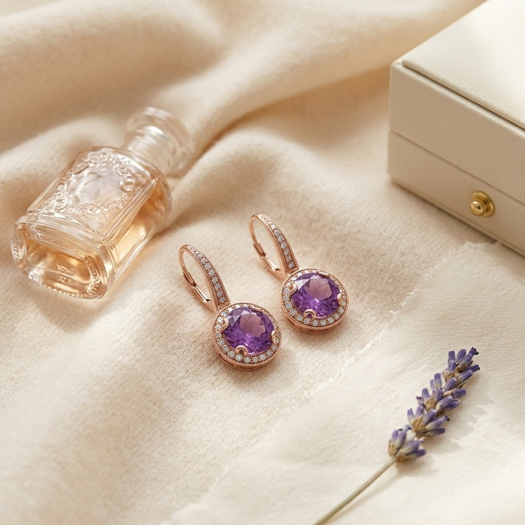Amethyst And Diamond Round Halo Antique Finish Dangle Earrings In 14k Rose Gold ( Hi / Si ) — textile flat lay