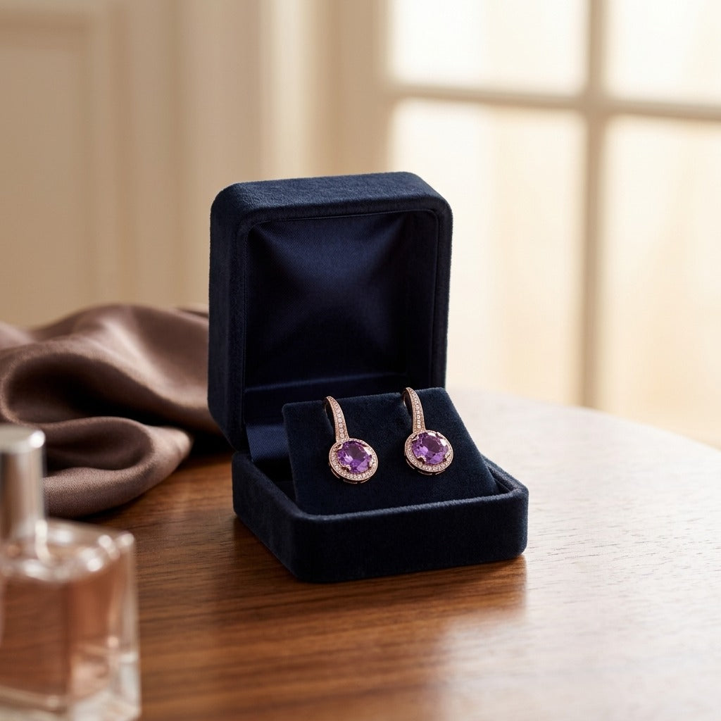 Amethyst And Diamond Round Halo Antique Finish Dangle Earrings In 14k Rose Gold ( Hi / Si ) — velvet box