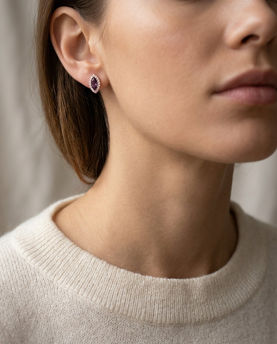 Rhodolite Garnet Marquise And Diamond Stud Earrings In 14k Rose Gold (1/5 Ct.tw.) — editorial close-up