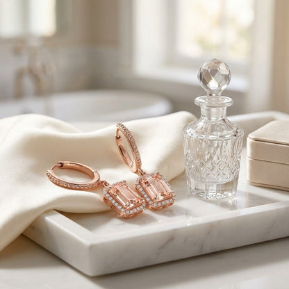 Morganite Emerald Cut with Diamond Pave Halo Earrings in 14k Rose Gold — marble silk