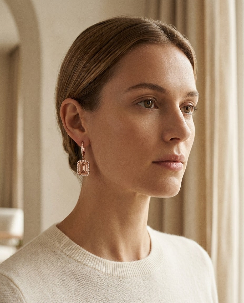Morganite Emerald Cut with Diamond Pave Halo Earrings in 14k Rose Gold — portrait close
