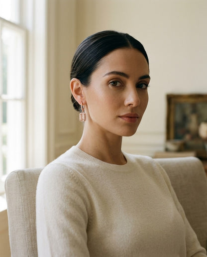 Morganite Emerald Cut with Diamond Pave Halo Earrings in 14k Rose Gold — portrait full