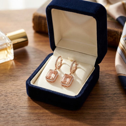 Morganite Emerald Cut with Diamond Pave Halo Earrings in 14k Rose Gold — velvet box