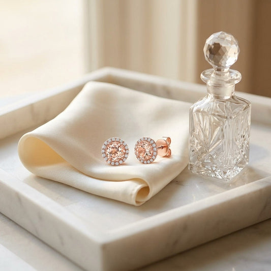 Morganite Round 4 Prong Stud Earrings in 14k Rose Gold — marble silk