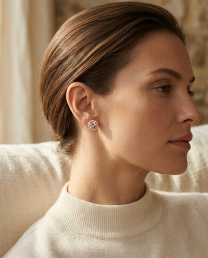 Morganite Round 4 Prong Stud Earrings in 14k Rose Gold — portrait close