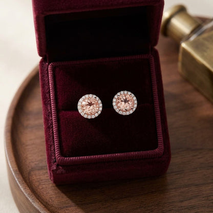 Morganite Round 4 Prong Stud Earrings in 14k Rose Gold — velvet box