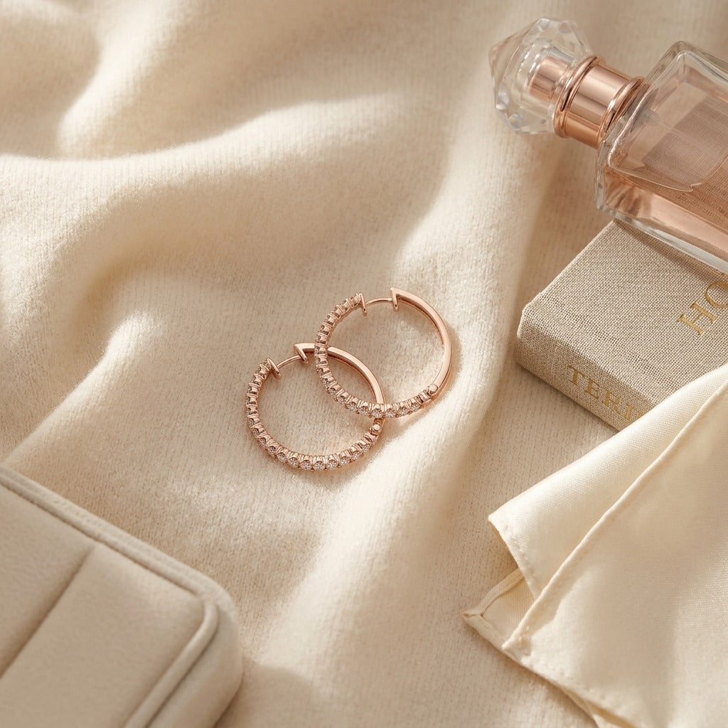 Diamond Micro Pave Hoops in 14k Rose Gold — textile flat lay