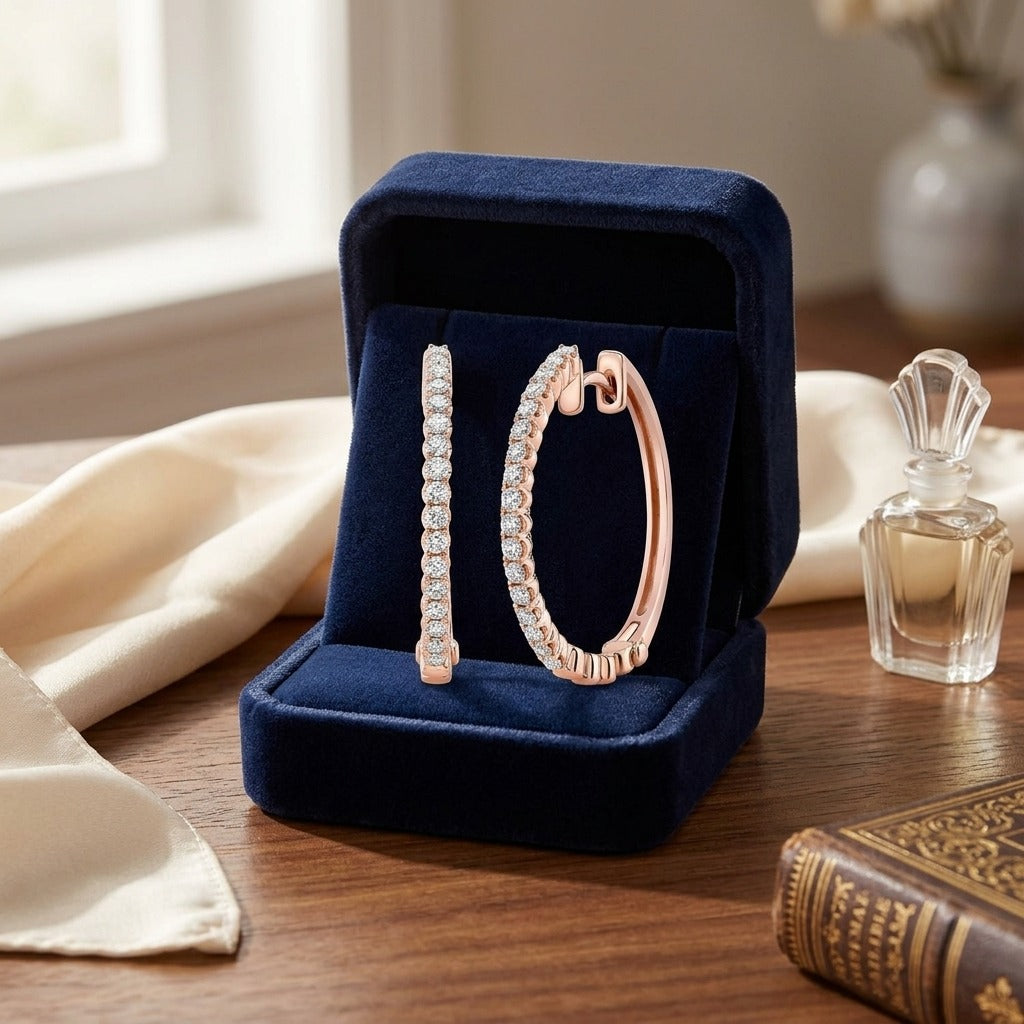 Diamond Micro Pave Hoops in 14k Rose Gold — velvet box