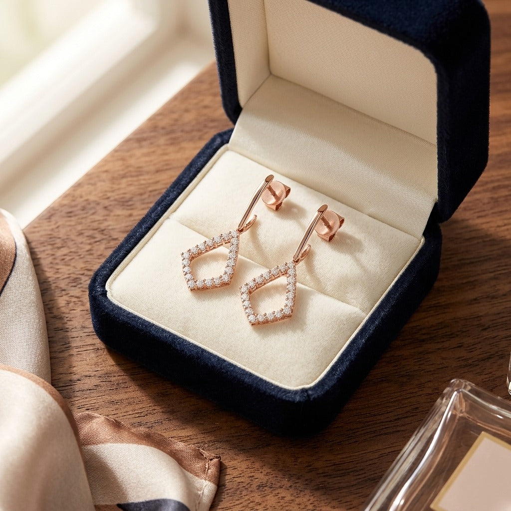 Diamond Kite Shape Drop Earrings in 14k Rose Gold — velvet box