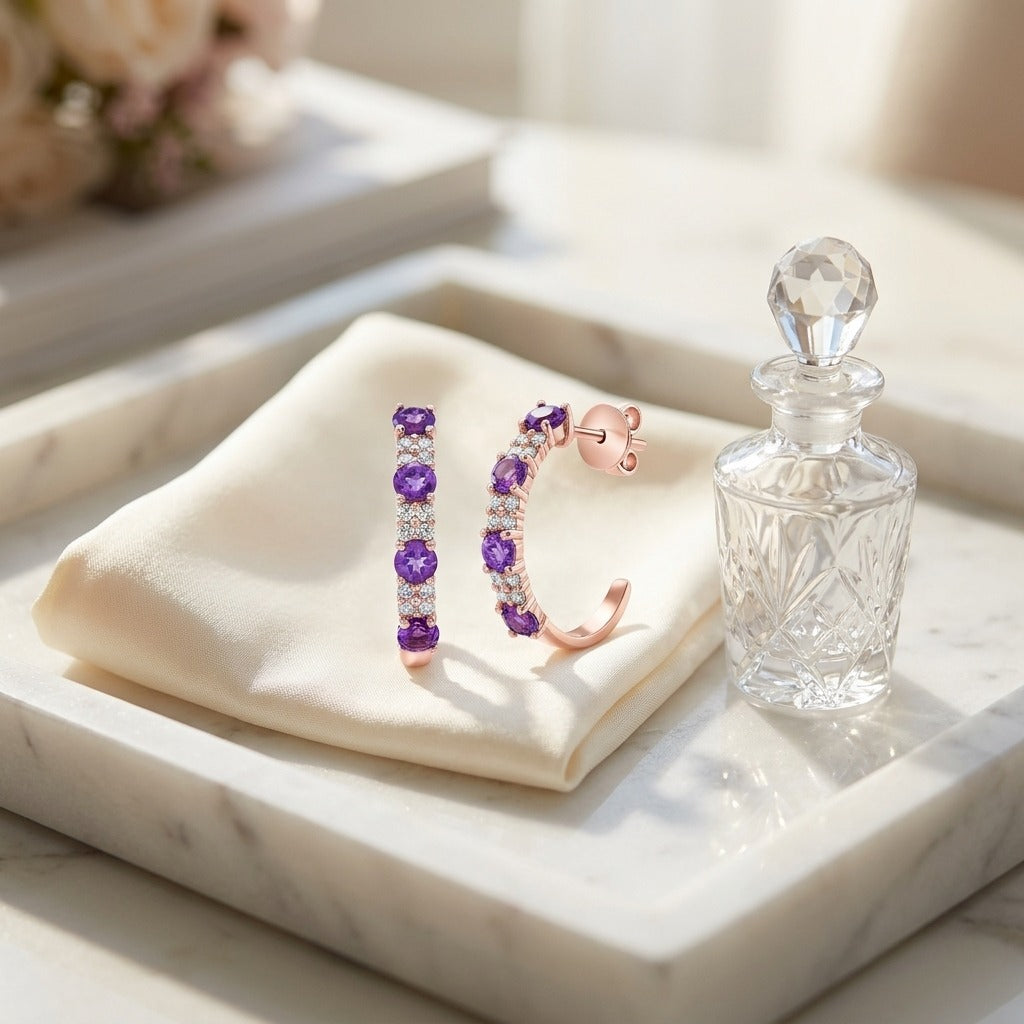 Amethyst And Alternating Diamond J Hoop Earrings In 14k Rose Gold — marble silk