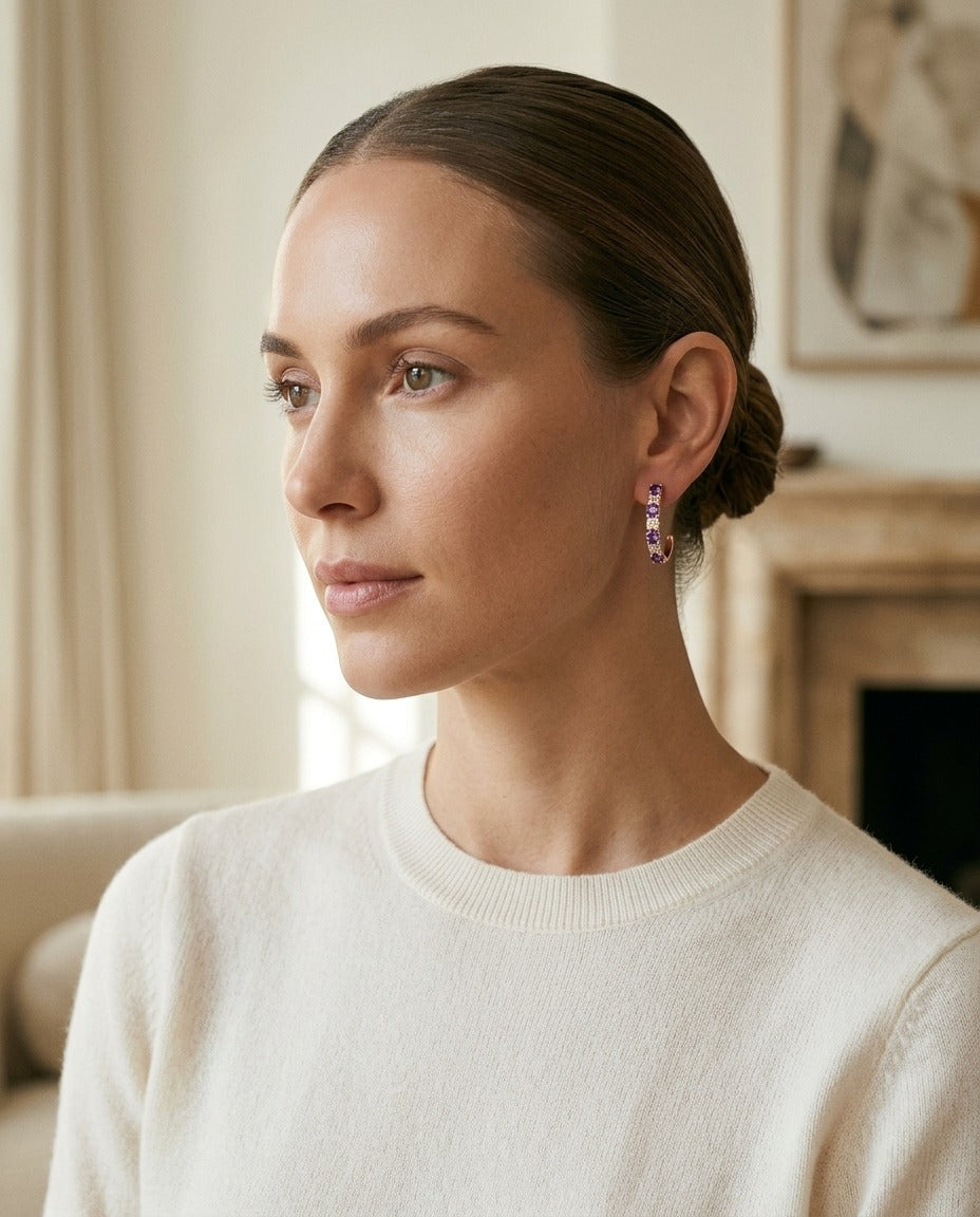 Amethyst And Alternating Diamond J Hoop Earrings In 14k Rose Gold — portrait close