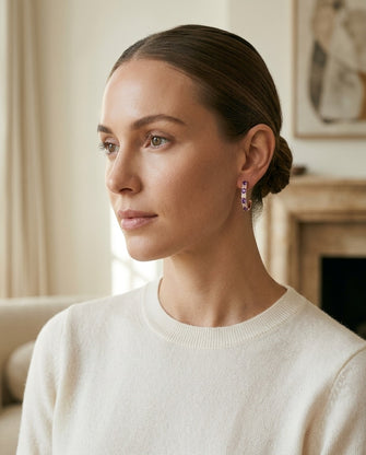 Amethyst And Alternating Diamond J Hoop Earrings In 14k Rose Gold — portrait close