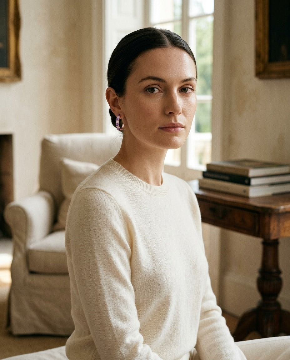 Amethyst And Alternating Diamond J Hoop Earrings In 14k Rose Gold — portrait full