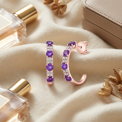 Amethyst And Alternating Diamond J Hoop Earrings In 14k Rose Gold — textile flat lay