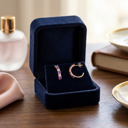 Amethyst And Alternating Diamond J Hoop Earrings In 14k Rose Gold — velvet box
