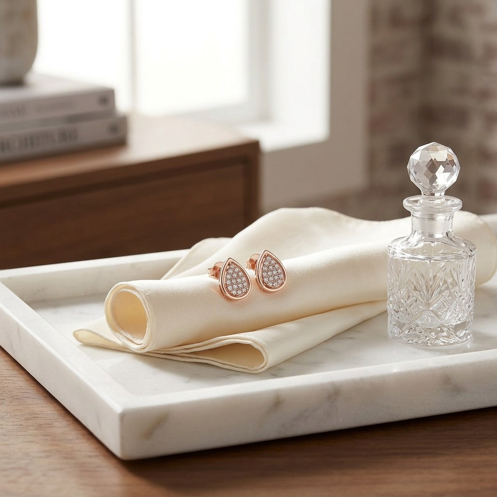 Diamond Pave Teardrop Cluster Earrings with High Polish Border in 14k Rose Gold — marble silk