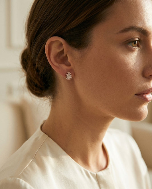 Diamond Pave Teardrop Cluster Earrings with High Polish Border in 14k Rose Gold — portrait close