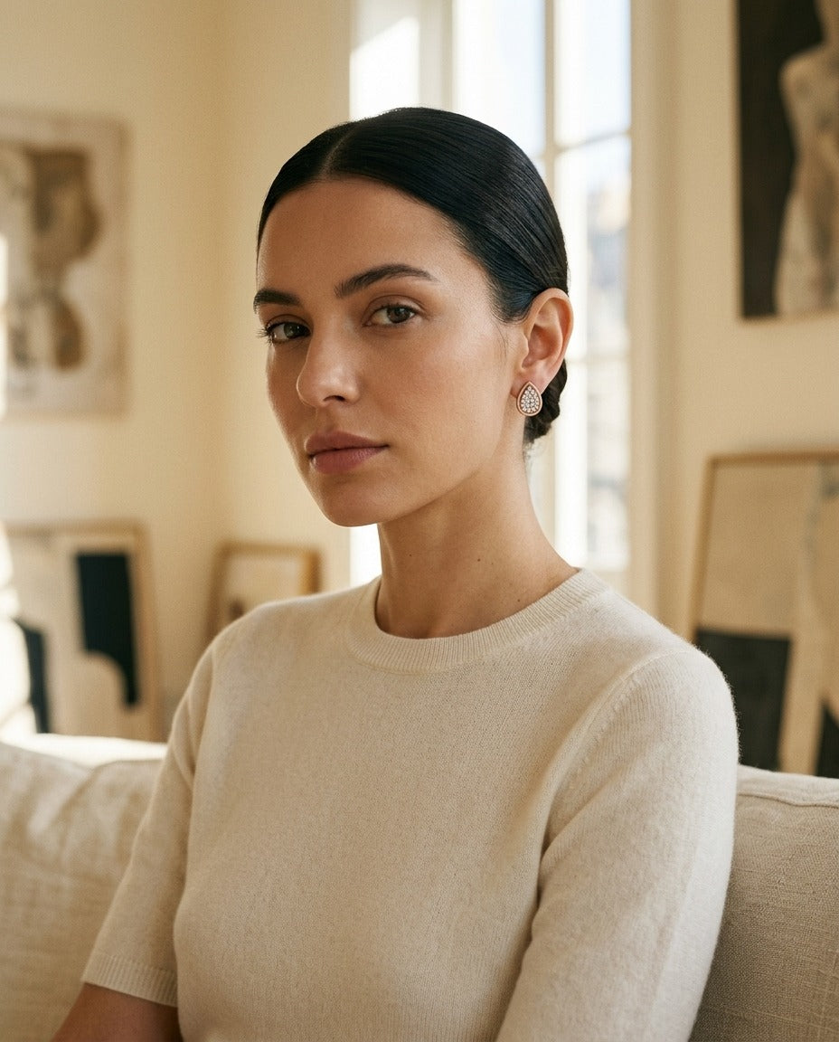 Diamond Pave Teardrop Cluster Earrings with High Polish Border in 14k Rose Gold — portrait full