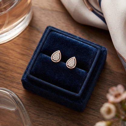 Diamond Pave Teardrop Cluster Earrings with High Polish Border in 14k Rose Gold — velvet box