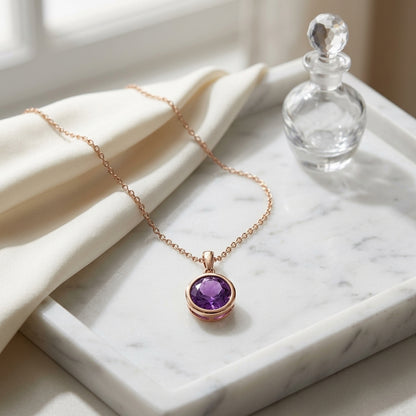 Amethyst Round Bezel Drop Earrings with Leverbacks in 14K Rose Gold - lifestyle