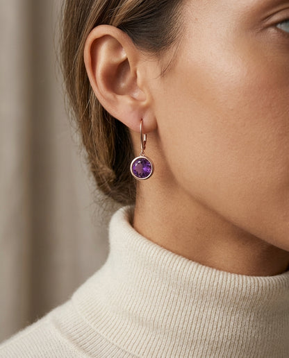 Amethyst Round Bezel Drop Earrings with Leverbacks in 14K Rose Gold - editorial hero