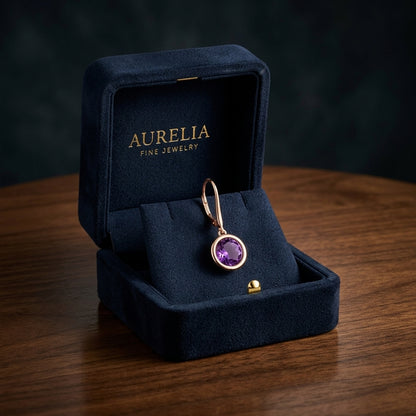 Amethyst Round Bezel Drop Earrings with Leverbacks in 14K Rose Gold - presentation