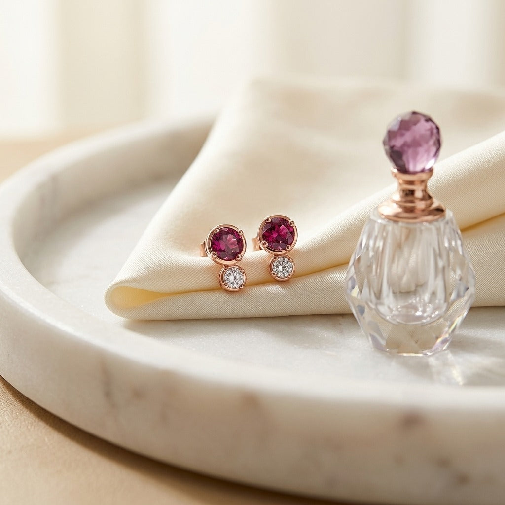 Rhodolite Garnet and Diamond Round Duo Earrings in 14k Rose Gold (4mm) (Si) — marble silk