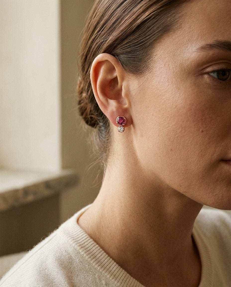Rhodolite Garnet and Diamond Round Duo Earrings in 14k Rose Gold (4mm) (Si) — portrait close