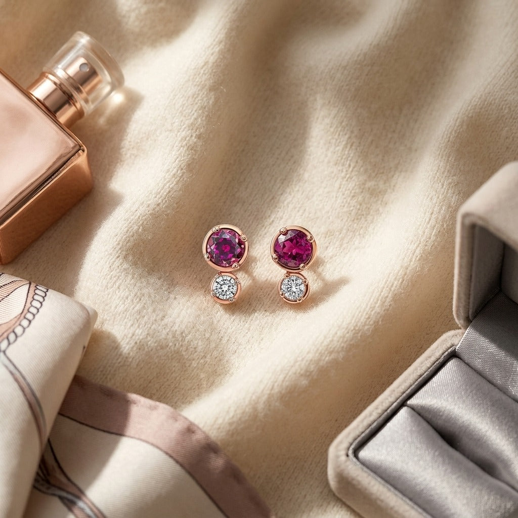 Rhodolite Garnet and Diamond Round Duo Earrings in 14k Rose Gold (4mm) (Si) — textile flat lay