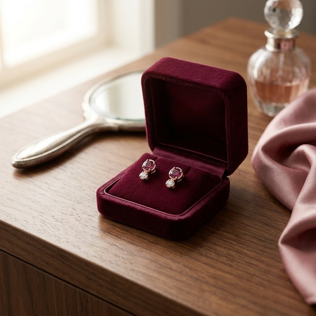 Rhodolite Garnet and Diamond Round Duo Earrings in 14k Rose Gold (4mm) (Si) — velvet box
