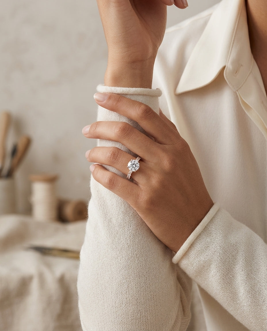 1 1/3ctw Round Diamond Shared Prong Engagement Ring In 14k Rose Gold, Igi-certified — editorial close-up