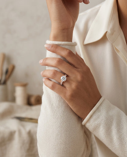 1 1/3ctw Round Diamond Shared Prong Engagement Ring In 14k Rose Gold, Igi-certified — editorial close-up