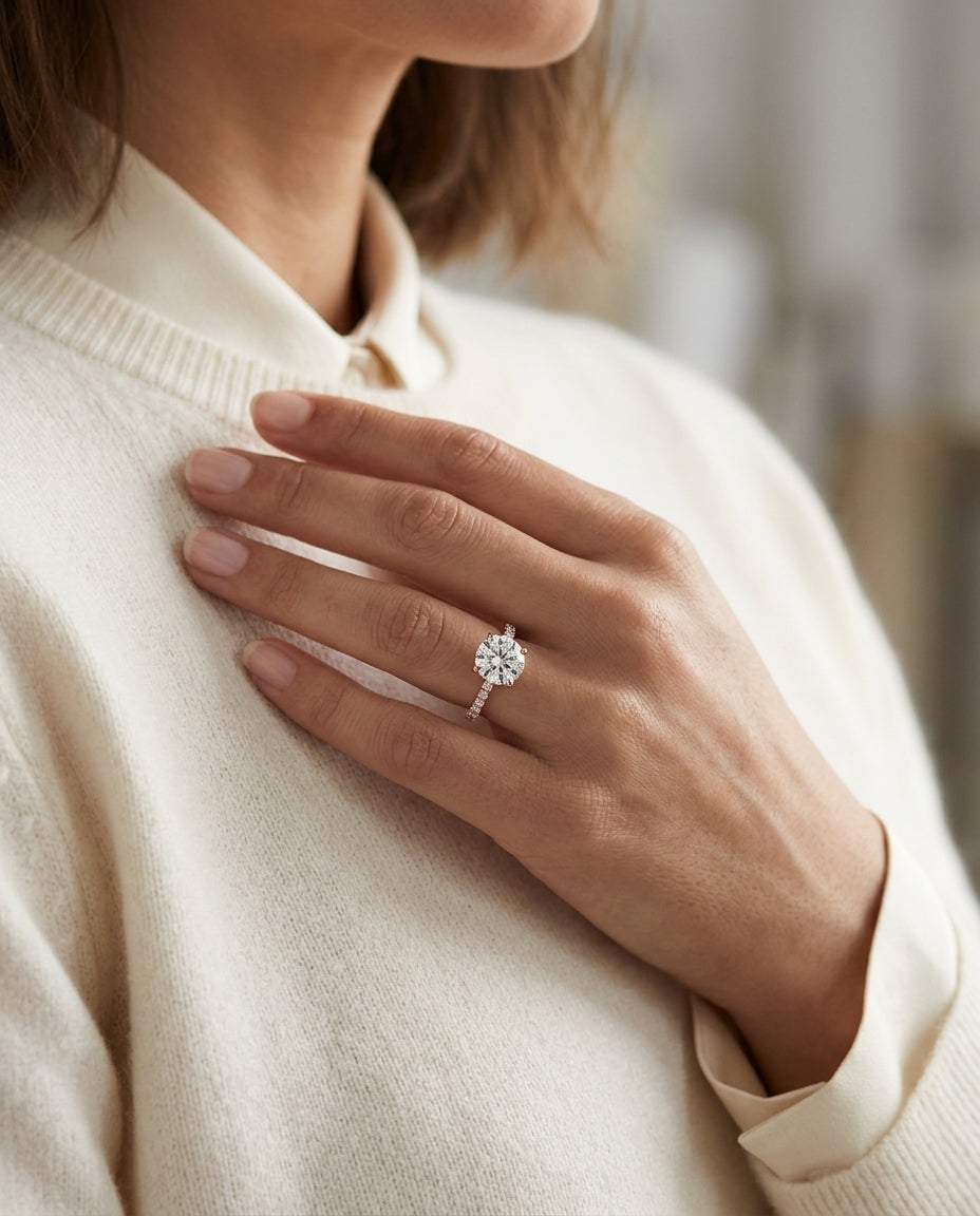 1 1/5ctw Round Center Classic Petite Split Prong Diamond Engagement Ring In 14k Rose Gold, Igi-certified — editorial close-up
