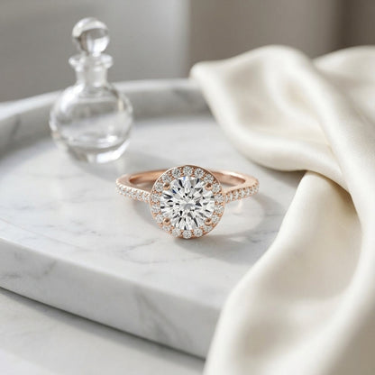 1 1/3ctw Round Diamond Halo Engagement Ring With Pave Shank In 14k Rose Gold, Igi-certified — atelier still life