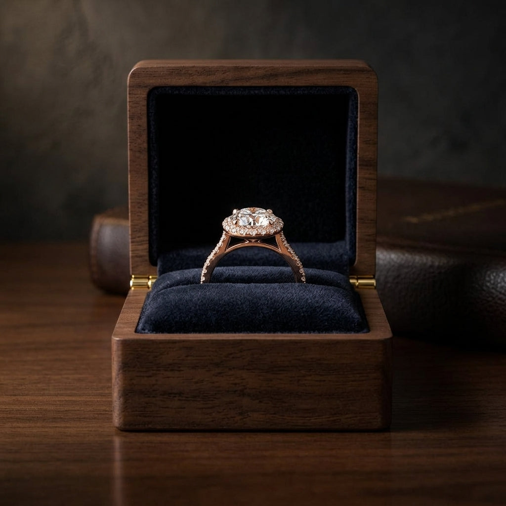 1 1/3ctw Round Diamond Halo Engagement Ring With Pave Shank In 14k Rose Gold, Igi-certified — gift presentation