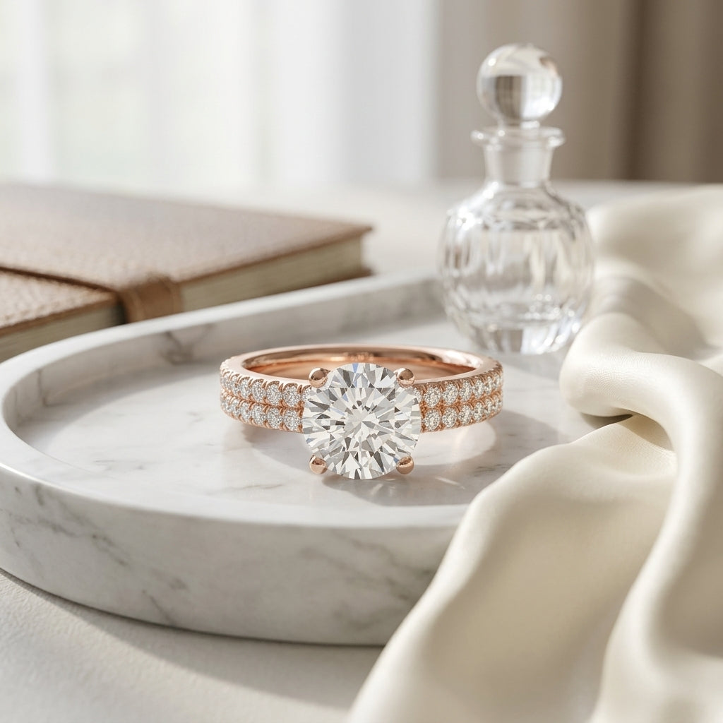 1 1/4ctw Round Diamond Double Row Engagement Ring With Micro U Set Pave In 14k Rose Gold, Igi-certified — atelier still life