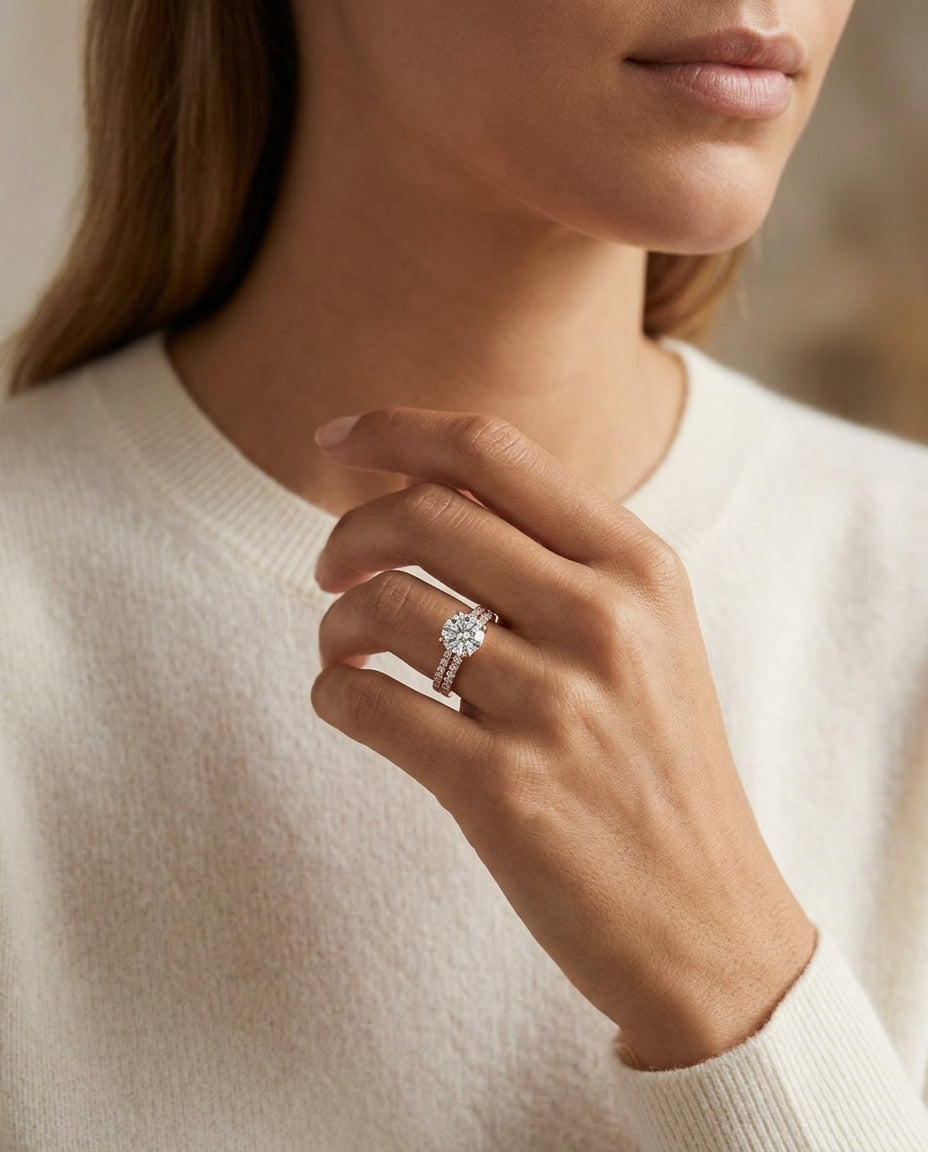 1 1/4ctw Round Diamond Double Row Engagement Ring With Micro U Set Pave In 14k Rose Gold, Igi-certified — editorial close-up