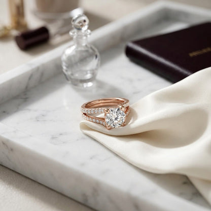 1 1/2ctw Round Diamond Engagement Ring With Pave Split Shank In 14k Rose Gold, Igi-certified — atelier still life