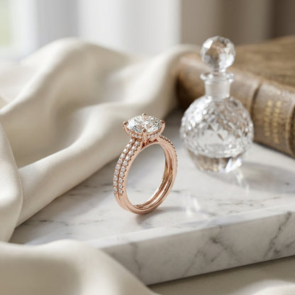 1 1/5ctw Round Diamond 2 Row Engagement Ring With Double Prong Cathedral Setting In 14k Rose Gold, Igi-certified — atelier still life