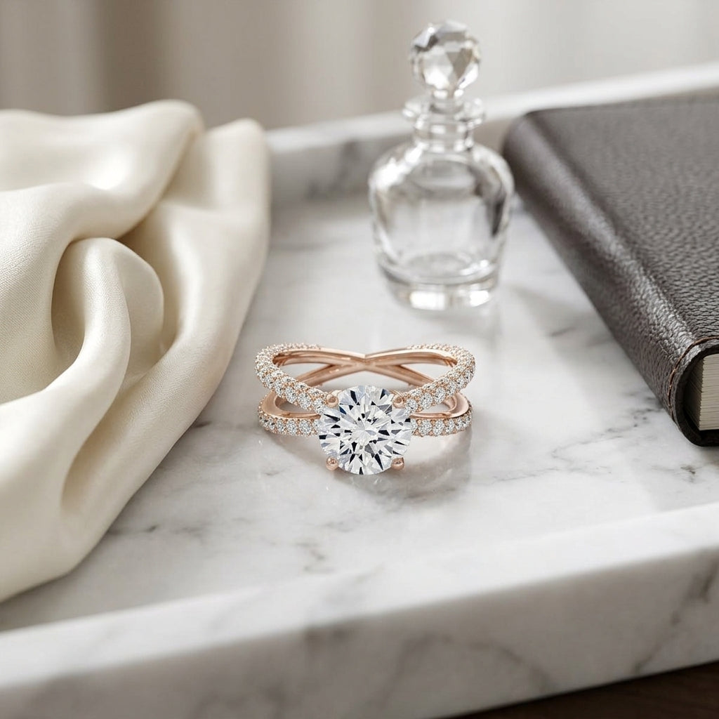 2 1/4ctw Round Diamond Engagement Ring With Crossover Pave Shank In 14k Rose Gold, Igi-certified — atelier still life