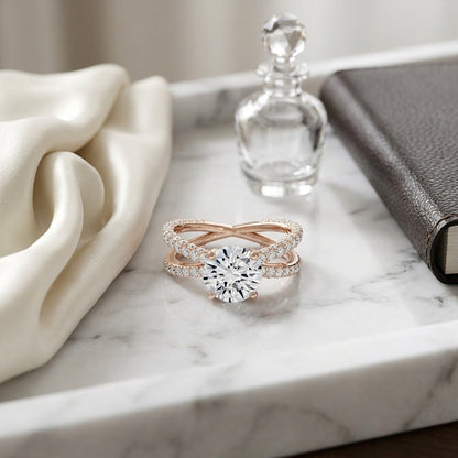 2 1/4ctw Round Diamond Engagement Ring With Crossover Pave Shank In 14k Rose Gold, Igi-certified — atelier still life