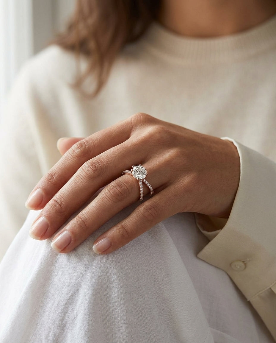 2 1/4ctw Round Diamond Engagement Ring With Crossover Pave Shank In 14k Rose Gold, Igi-certified — editorial close-up